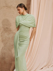 Mesh High Neckline Asymmetrical Ruched Cloak Sleeve Mermaid Maxi Dress