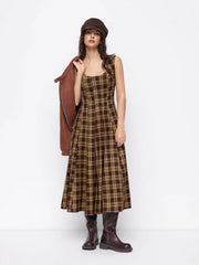 U-neckline Plaid Shirred Pocket Ruffle Midi Dress