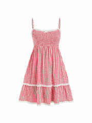 Gingham Square Neck Shirred Tiered Ruffle Hem Mini Dress