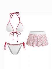 Rib Halter Neckline Contrasting Binding Triangle Bikini Set & Floral Cover Up Skirt