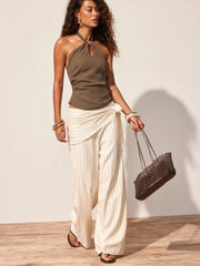 Linen-blend Halter Neckline Cut Out Ruched Backless Blouse