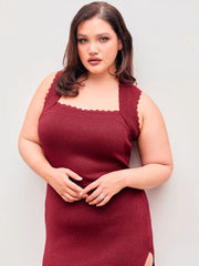 Knit Square Neck Lace Trim Split Solid Midi Dress Curve & Plus
