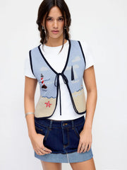 Knit Cotton-blend Beach Scenery Graphic Embroidery Tie Front Vest