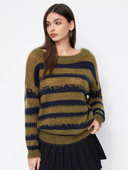 Knit Wool-blend Striped Asymmetrical Neck Oversized Sweater