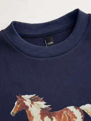 Cotton-blend Horse Graphic Round Neckline Oversized Sweatshirt