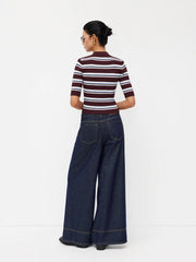 Knit Collar Stripe Button Mid-length Sleeve Top