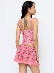 Mesh Mid Rise Floral Ruffled Mini Skirt