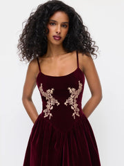 Velvet U-neckline Floral Embroidery Midi Dress