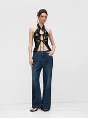 Jacquard Mandarin Collar Floral Tie Front Cut Out Tank Top