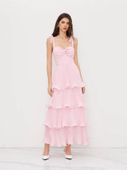 Knotted Twist Ruffle Hem Layered Maxi Dress