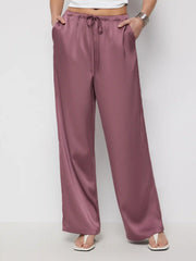 Satin Drawstring Mid Rise Wide Leg Trousers
