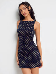 Boat Neck Polka Dot Ruched Mini Dress