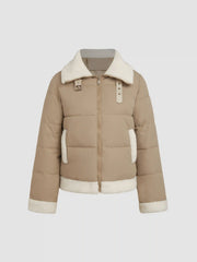 Fleece Buckle Collar Patchy Zipper Puffer Jacket