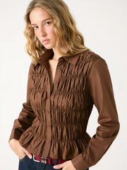 Cotton-blend Collar Shirred Ruffled Hem Blouse