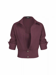 Cotton Collar Mid-length Sleeve Shirt with Cami Top