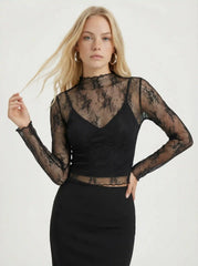 High Neck Lace Floral Blouse & Solid Crop Cami Top Set