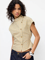 Cotton-blend Plaid Stand Collar Tie Back Blouse