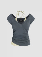 Halter Neckline Patchy Short Sleeve Top