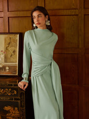 Satin Stand Collar Ruched Draped Maxi Dress