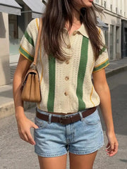 Knit Polo Striped Hollow Out Short Sleeve Top