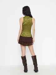 Mandarin Collar Floral Split Ruched Cut Out Tank Top