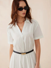 Cotton-blend Collar Shirt Maxi Dress With Metal Detail Belt