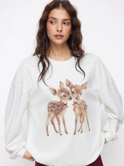 Cotton-blend Deer Graphic Bowknot Oversized Sweatshirt