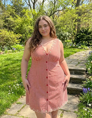 Cotton-blend Gingham V-neck Scallop Hem A-line Mini Dress Curve & Plus