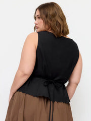 Linen-blend Button Front Scalloped Hem Tank Top Curve & Plus