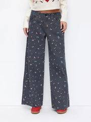 Cider Denim Graphic Low Rise Wide Leg Oversized Jeans