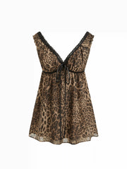 V-neck Leopard Drawstring Lace Trim Nightdress