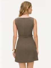 Boat Neck Metal Detail Zipper Mini Dress With Belt