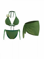 Halter Neckline Floral Decor Triangle Tie Side Bikini with Sarong Curve & Plus