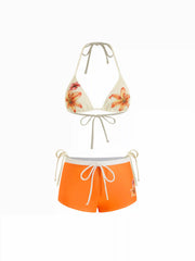 Halter Neckline Floral Triangle Tie Side Bikini Set With Cover Up Shorts