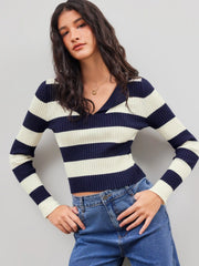 Knit Polo Striped Long Sleeve Sweater