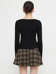 Boat Neck Solid Knotted Long Sleeve Tee