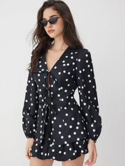 Polka Dot Tie Front Bow Lantern Sleeve Top & Mid Rise Barrel-leg Shorts Set
