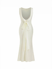 Satin Boat Neck Backless Bowknot Mermaid Maxi Dress