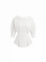 Cotton-blend Peter Pan Collar Puff Sleeve Reversible Blouse