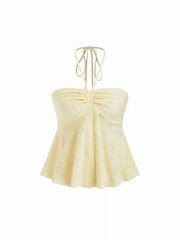 Halter Neck Shirred Lace Ruched Drawstring Crop Top