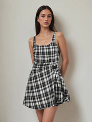 U-neckline Plaid Ruched Belted Mini Dress