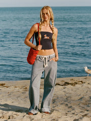 Denim Mid Rise Striped Barrel-leg Jeans with Belt