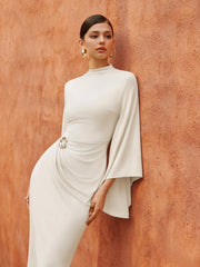 High Neck Cloak Sleeve Metal Detail Wrap Bodycon Maxi Dress