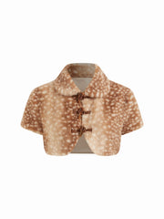 Faux Shearling Collar Deer Print Toggle Button Short Sleeve Jacket