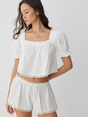 Cotton Puff Sleeve Crop Top & Low Rise Shorts Loungewear Set