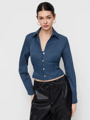 Cotton-blend V-neck Striped Cinched Elastic Waist Blouse