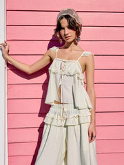 Textured Mid Rise Lace Panel Ruffle Drawstring Bloomer Trousers