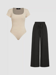U-neckline Bodysuit & Elastic Waist Wide Leg Pants Set