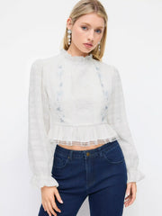 Cotton-blend Round Neckline Lace Panel Floral Lantern Sleeve Blouse