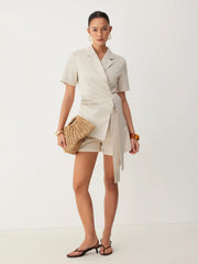 Linen-blend Ruched Wrap Belted Blazer